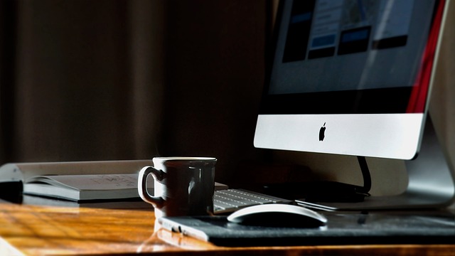 coffee, cup, desk, notebook, display, imac, design, coffee cup, home, work, workspace, work from home