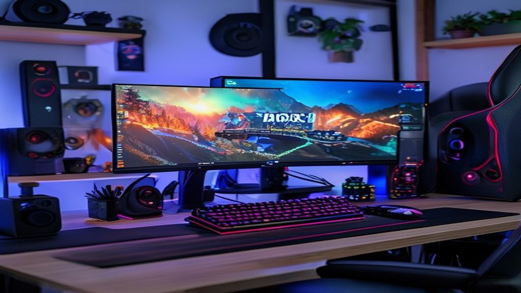 Professional gamer's workspace featuring LG UltraGear OLED display with vibrant game graphics, mecha