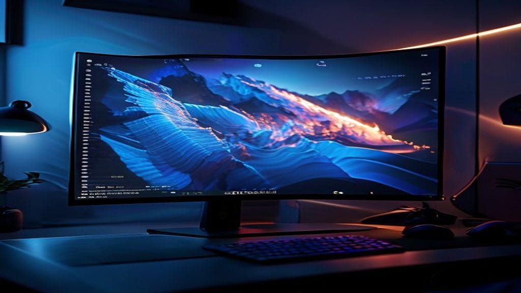 Close-up of LG UltraGear OLED monitor screen showing ultra-fast response time, curved bezel design c