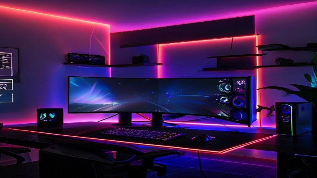 High-end gaming rig with LG UltraGear OLED monitor centered, dual-setup workspace, neon accent light