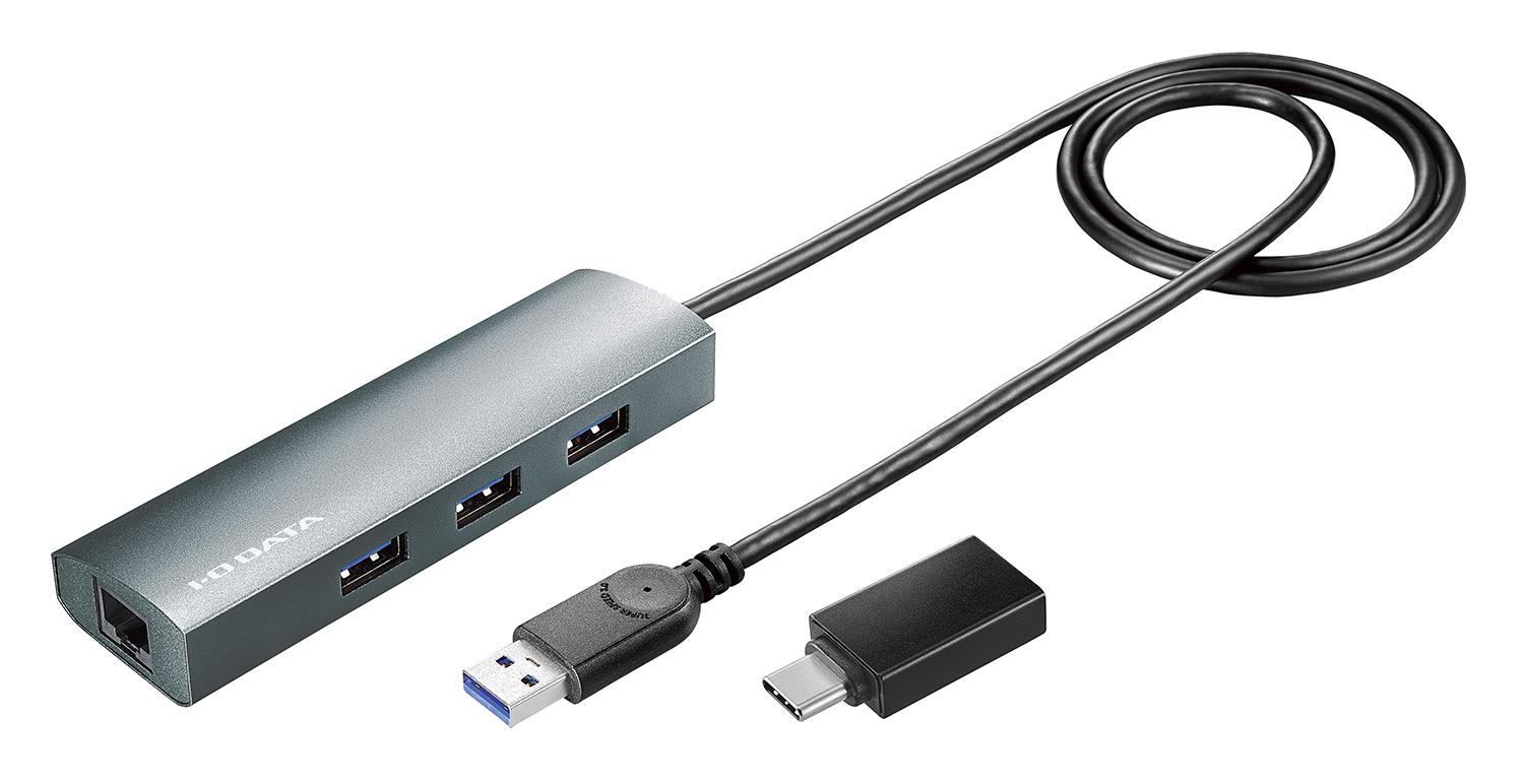 I-O DATA US3-HB3ETG2/Cの公式写真。LAN端子とUSB-A端子3つのある本体、ケーブル、付属USB-C変換アダプター。写真：I-O DATA、独自加工なし。